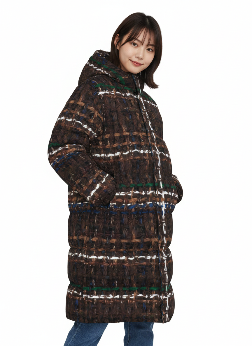 035 NISHIKIx Tweed Print Unisex Long Down Jacket - Vandyke Brown