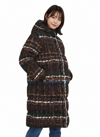 035 NISHIKIx Tweed Print Unisex Long Down Jacket - Vandyke Brown