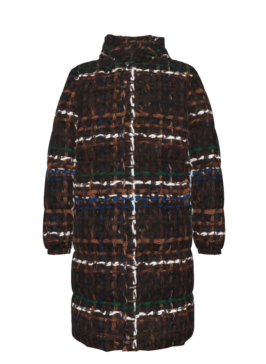 035 NISHIKIx Tweed Print Unisex Long Down Jacket - Vandyke Brown