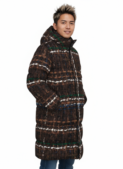 035 NISHIKIx Tweed Print Unisex Long Down Jacket - Vandyke Brown