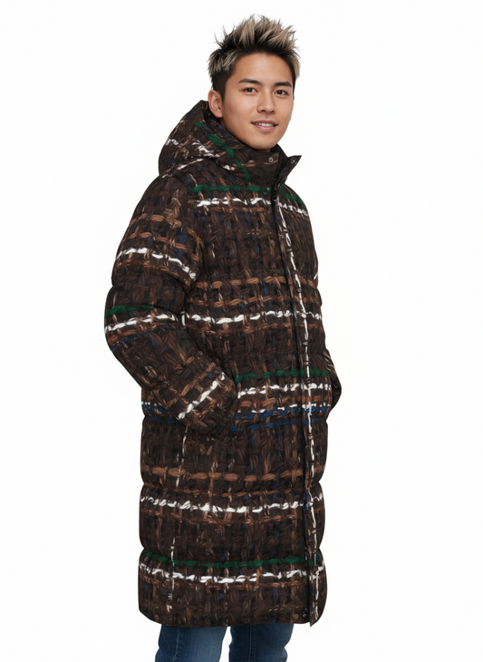 035 NISHIKIx Tweed Print Unisex Long Down Jacket - Vandyke Brown