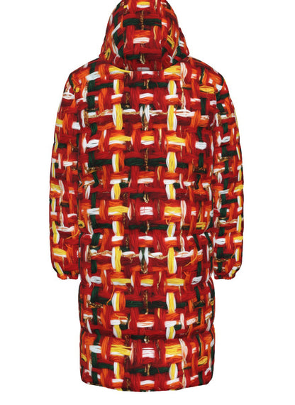 006 NISHIKIx Tweed Print Unisex Long Down Jacket - Vermilion
