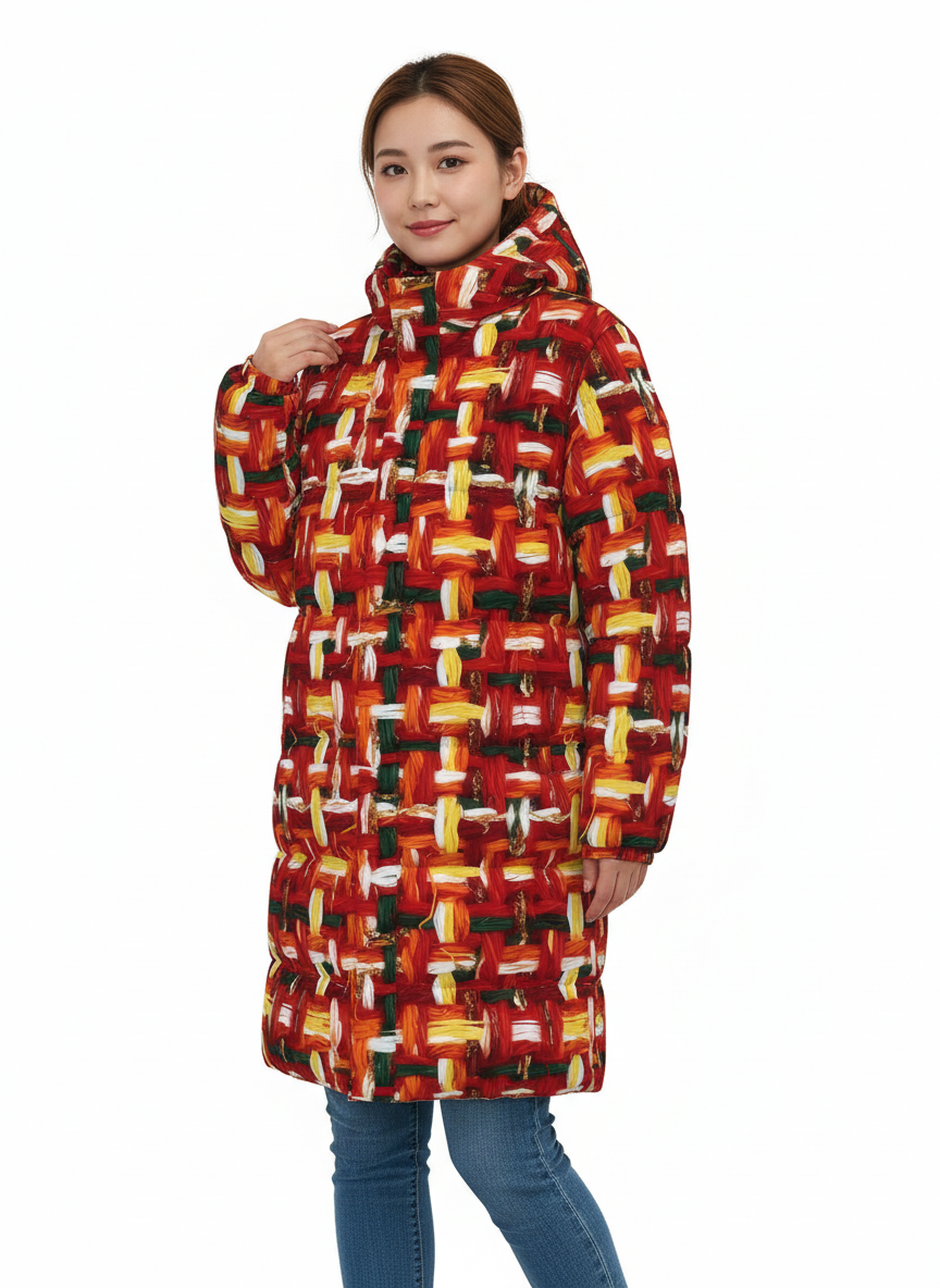 006 NISHIKIx Tweed Print Unisex Long Down Jacket - Vermilion