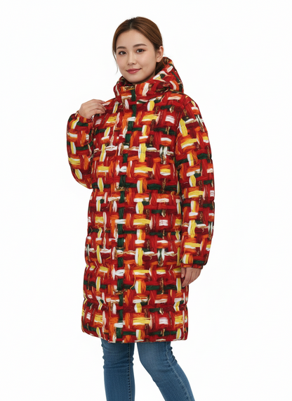 006 NISHIKIx Tweed Print Unisex Long Down Jacket - Vermilion