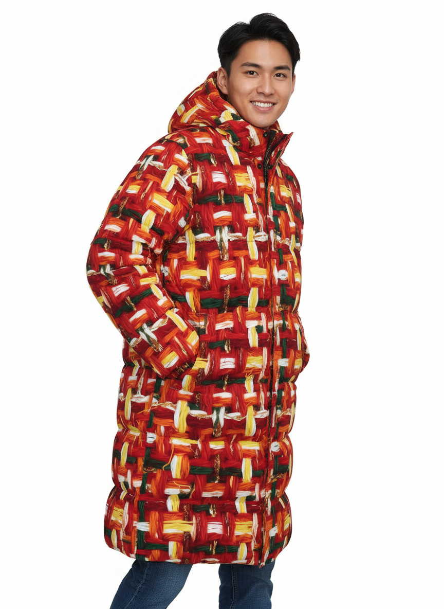 006 NISHIKIx Tweed Print Unisex Long Down Jacket - Vermilion