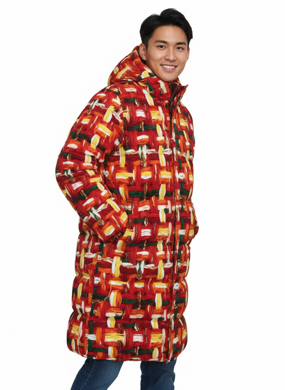 006 NISHIKIx Tweed Print Unisex Long Down Jacket - Vermilion