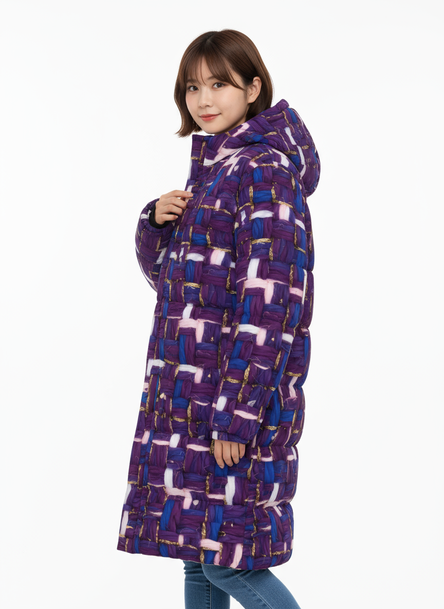 026 NISHIKIx Tweed Print Unisex Long Down Jacket - Violet