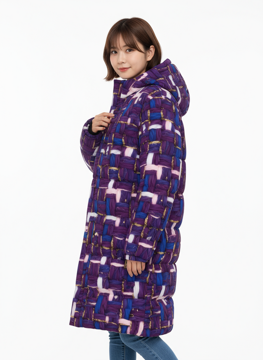 026 NISHIKIx Tweed Print Unisex Long Down Jacket - Violet