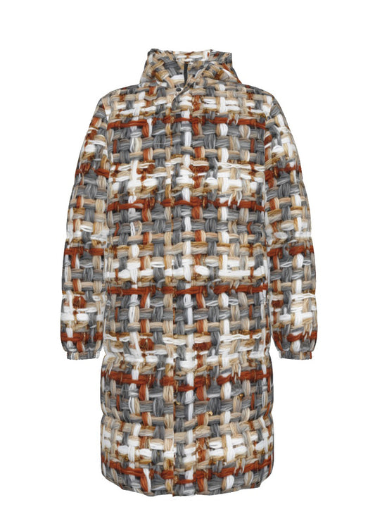 069 NISHIKIx Tweed Print Unisex Long Down Jacket - Warm Gray