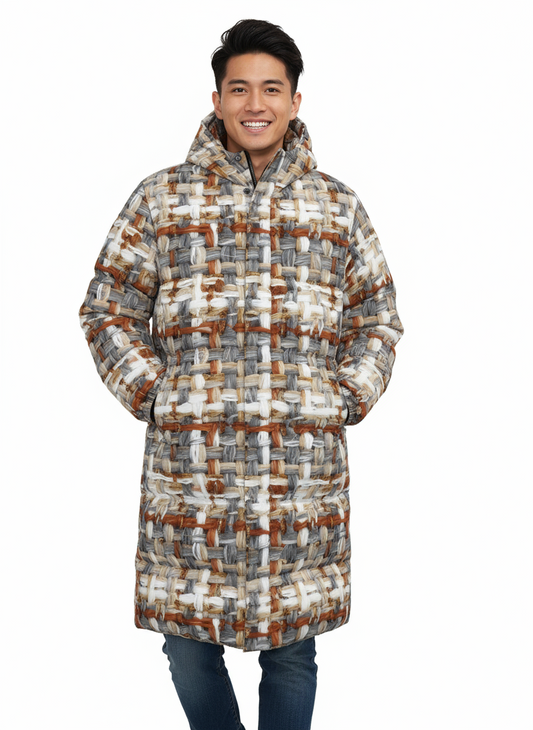 069 NISHIKIx Tweed Print Unisex Long Down Jacket - Warm Gray