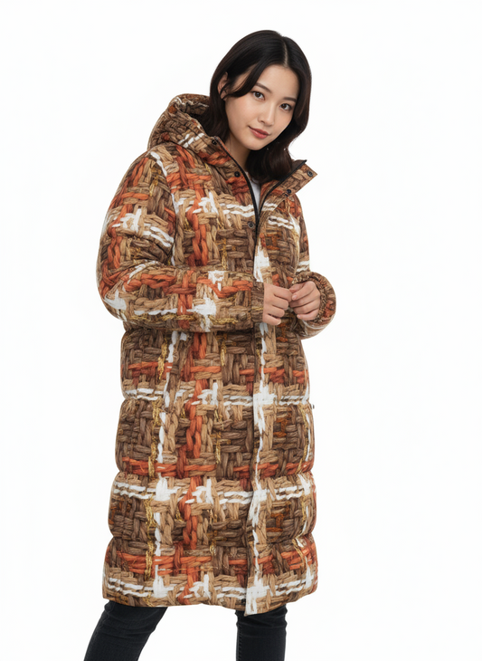 072 NISHIKIx Tweed Print Unisex Long Down Jacket - Warm Sepia