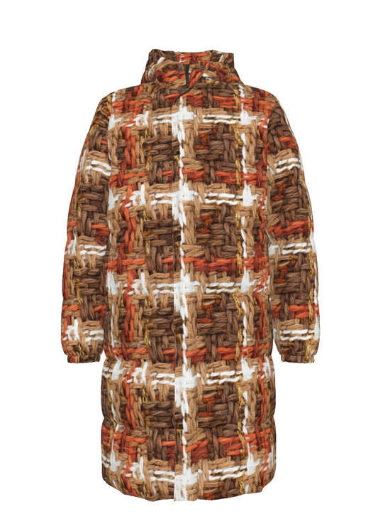 072 NISHIKIx Tweed Print Unisex Long Down Jacket - Warm Sepia