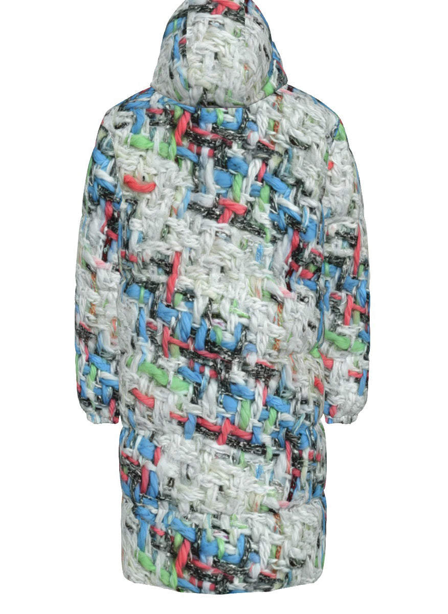 001 NISHIKIx Tweed Print Unisex Long Down Jacket - White