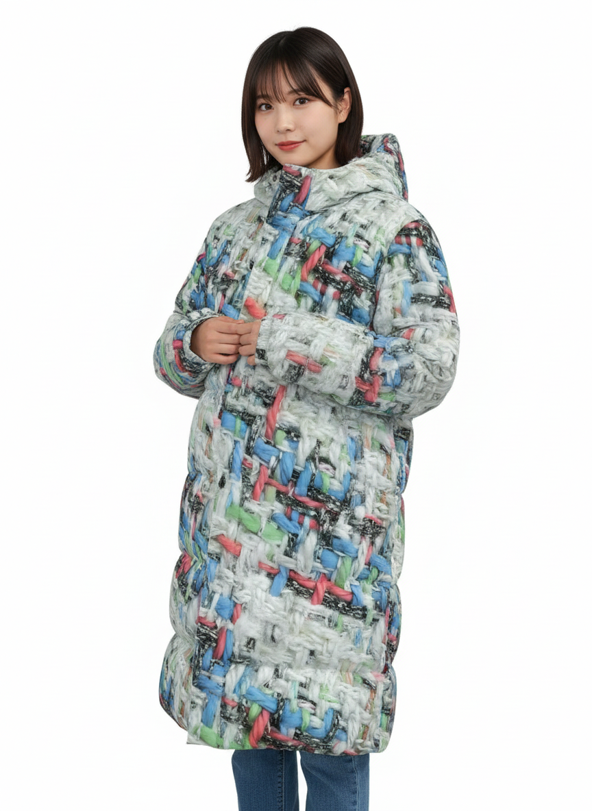 001 NISHIKIx Tweed Print Unisex Long Down Jacket - White