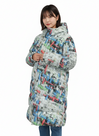 001 NISHIKIx Tweed Print Unisex Long Down Jacket - White