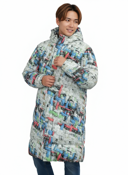 001 NISHIKIx Tweed Print Unisex Long Down Jacket - White