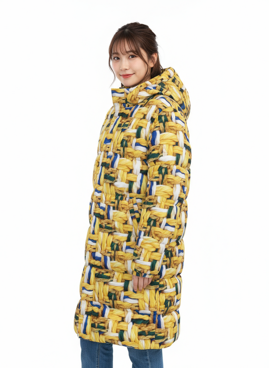 050 NISHIKIx Tweed Print Unisex Long Down Jacket - Yellow Deep
