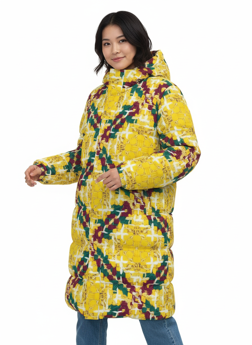 003 NISHIKIx Tweed Print Unisex Long Down Jacket - Yellow