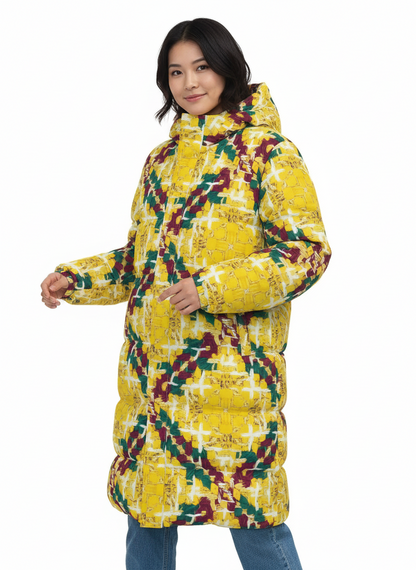 003 NISHIKIx Tweed Print Unisex Long Down Jacket - Yellow