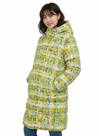 013  NISHIKIx Tweed Print Unisex Long Down Jacket - Yellow Green