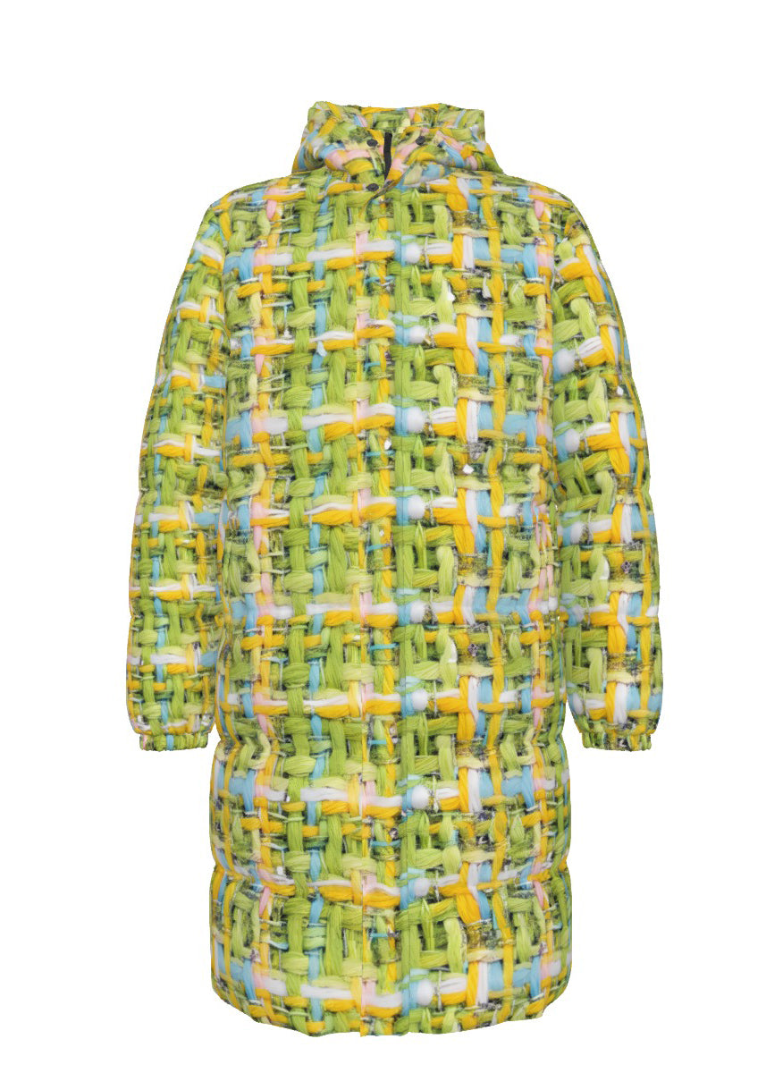 013  NISHIKIx Tweed Print Unisex Long Down Jacket - Yellow Green