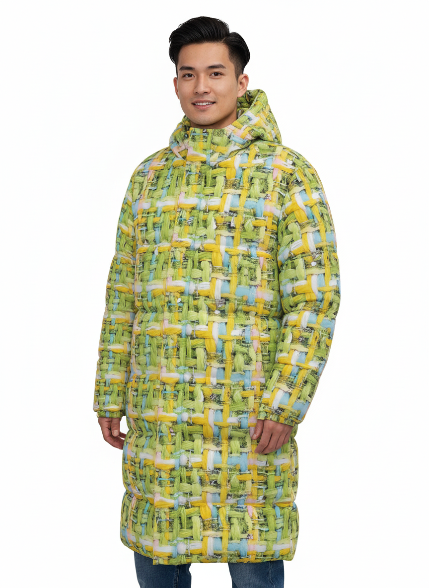 013  NISHIKIx Tweed Print Unisex Long Down Jacket - Yellow Green