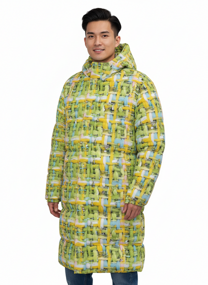 013  NISHIKIx Tweed Print Unisex Long Down Jacket - Yellow Green