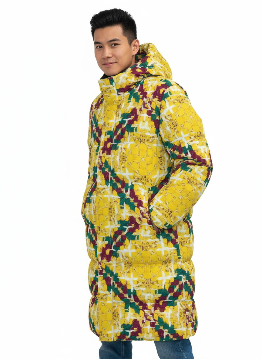 003 NISHIKIx Tweed Print Unisex Long Down Jacket - Yellow
