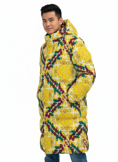 003 NISHIKIx Tweed Print Unisex Long Down Jacket - Yellow