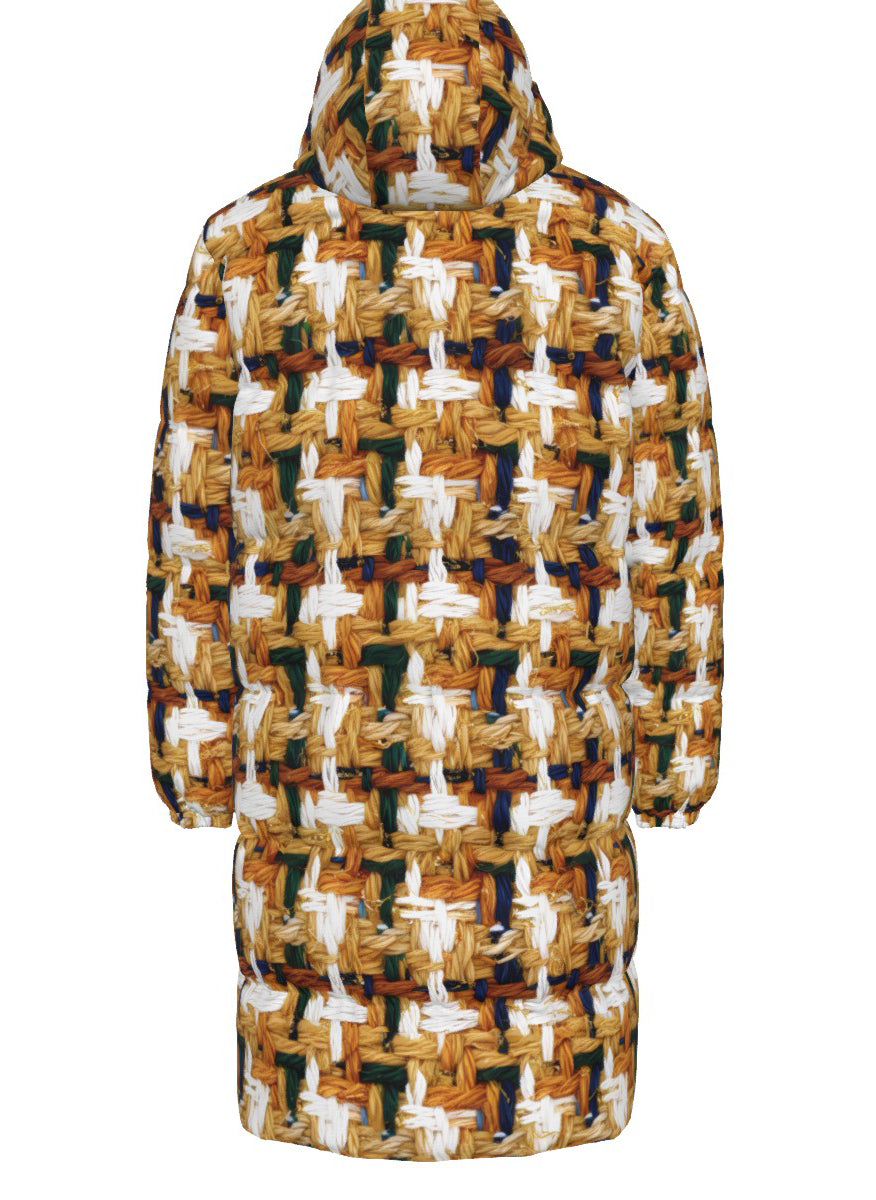 029 NISHIKIx Tweed Print Unisex Long Down Jacket - Yellow Ochre