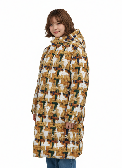 029 NISHIKIx Tweed Print Unisex Long Down Jacket - Yellow Ochre