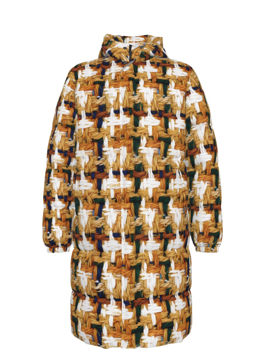 029 NISHIKIx Tweed Print Unisex Long Down Jacket - Yellow Ochre