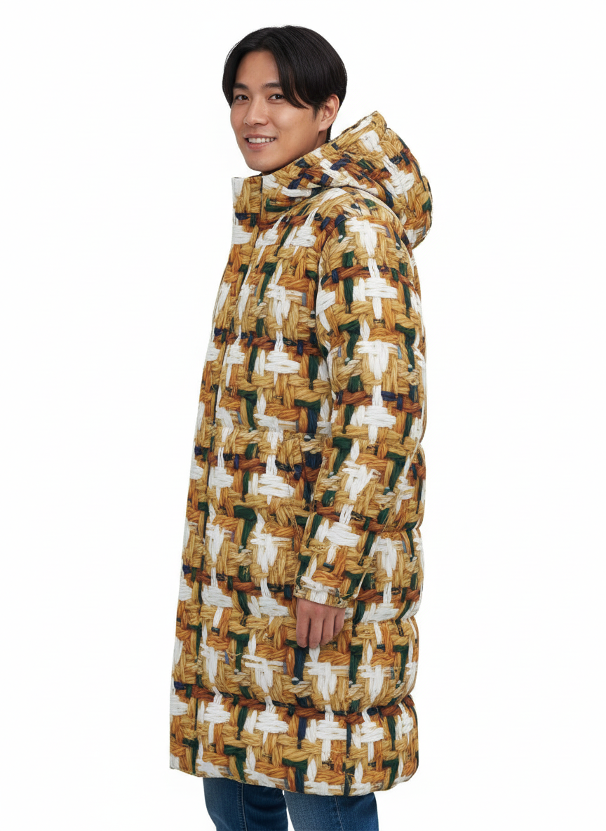 029 NISHIKIx Tweed Print Unisex Long Down Jacket - Yellow Ochre