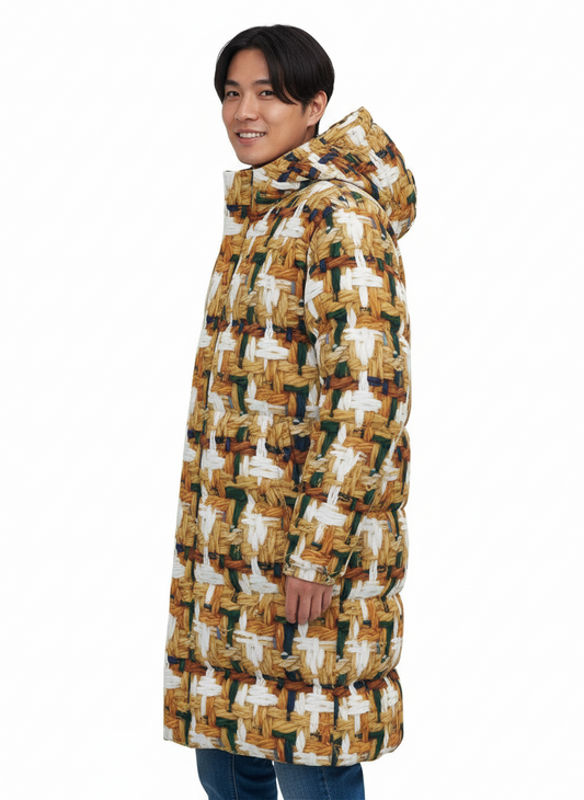 029 NISHIKIx Tweed Print Unisex Long Down Jacket - Yellow Ochre