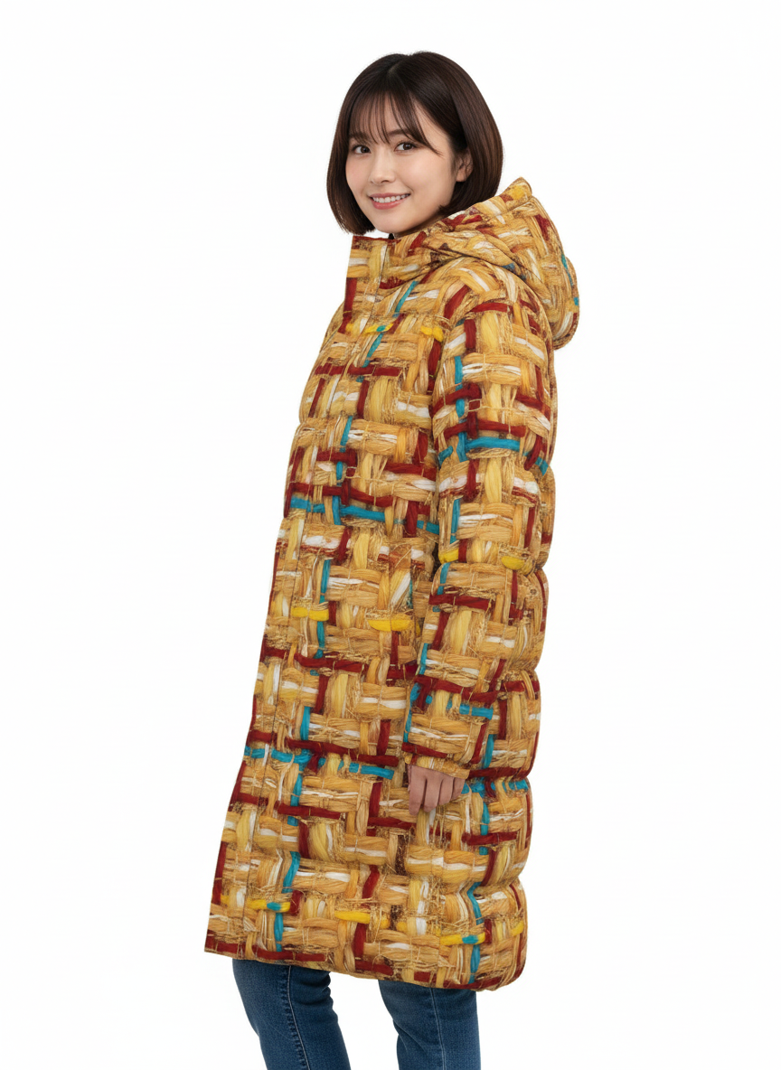 004 NISHIKIx Tweed Print Unisex Long Down Jacket - Yellow Orange