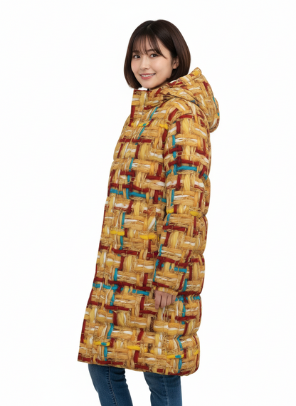 004 NISHIKIx Tweed Print Unisex Long Down Jacket - Yellow Orange