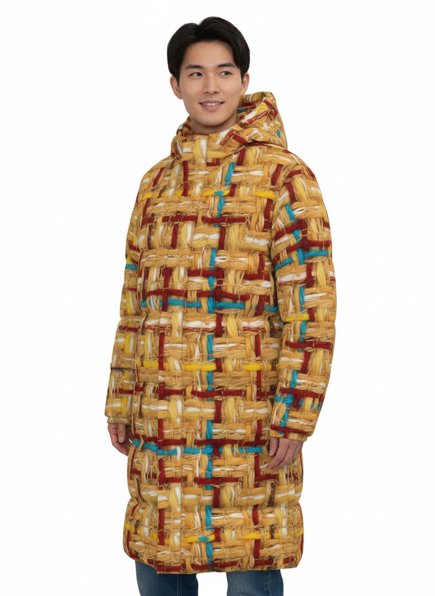 004 NISHIKIx Tweed Print Unisex Long Down Jacket - Yellow Orange