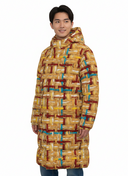 004 NISHIKIx Tweed Print Unisex Long Down Jacket - Yellow Orange