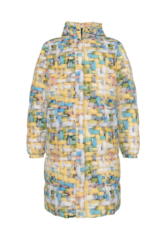 049 NISHIKIx Tweed Print Unisex Long Down Jacket - Yellow Pale