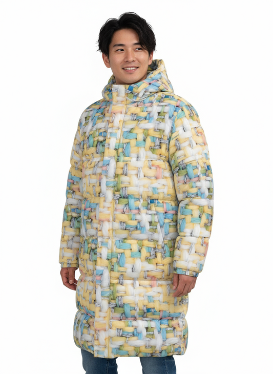 049 NISHIKIx Tweed Print Unisex Long Down Jacket - Yellow Pale